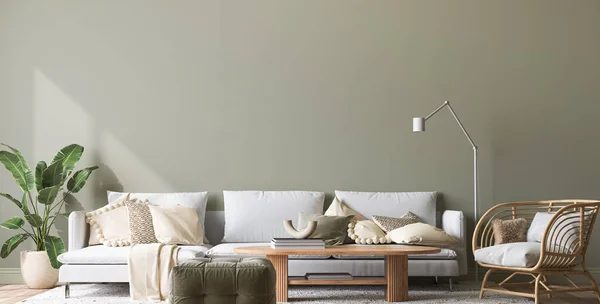 Wall Mockup Modern Living Room Design Minimal White Sofa Green — Fotografia de Stock