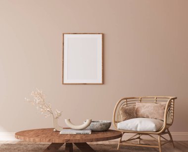 Home interior mockup, living room in cozy warm colors with rattan wooden furniture, 3d render