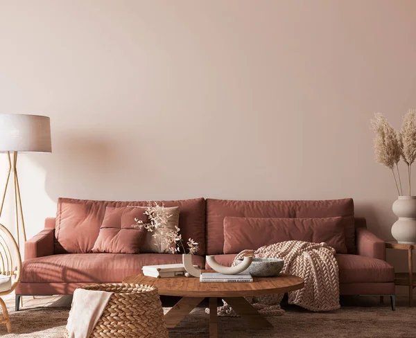 Cozy Living Room Design Empty Wall Mockup Warm Interior Design —  Fotos de Stock