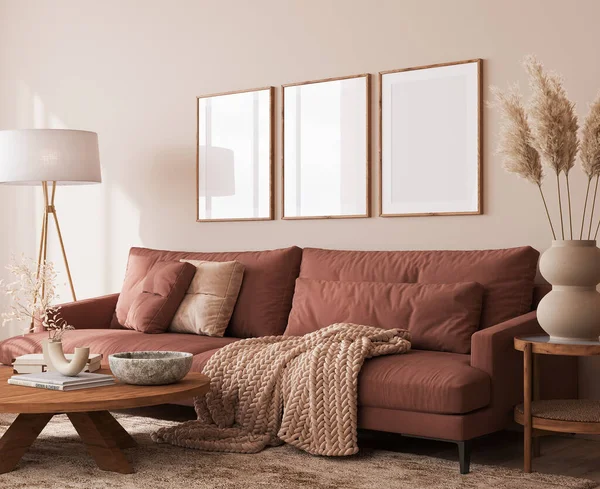 Cozy Living Room Design Poster Frame Mockup Warm Interior Design — 图库照片