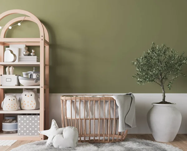 Nursery Design Wooden Furniture Green Baby Room Scandinavian Style Render — Stockfoto