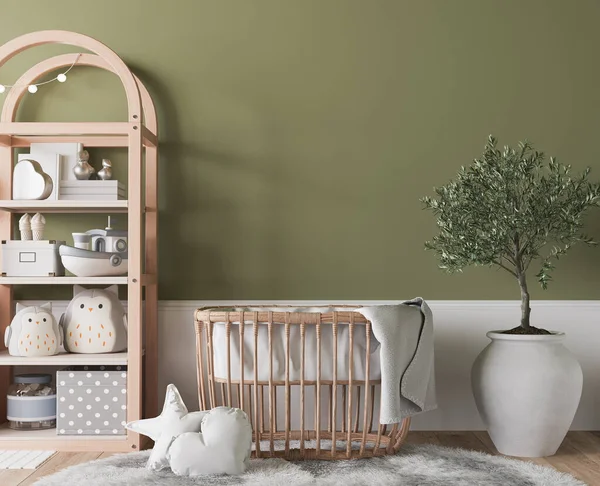 Nursery design, wooden furniture in green baby room, Scandinavian style, 3d render