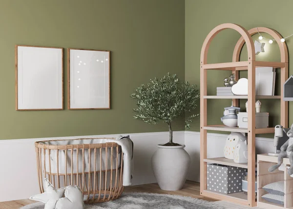 Nursery design, wooden furniture in green baby room, Scandinavian style, 3d render