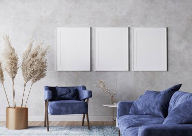 Rustic room design with dark blue sofa and dried flowers on gray interior background, 3d render