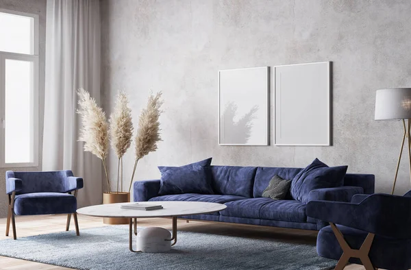 Rustic Room Design Dark Blue Sofa Dried Flowers Gray Interior — ストック写真