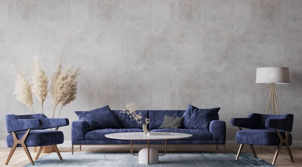 Rustic Room Design Dark Blue Sofa Dried Flowers Gray Interior — Zdjęcie stockowe