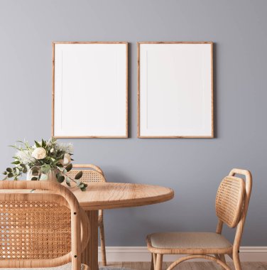 Frame mockup in Scandinavian wooden dining room, minimal bright design on beige interior background, 3d render