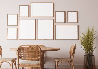 Frame mockup in Scandinavian wooden dining room, minimal bright design on beige interior background, 3d render