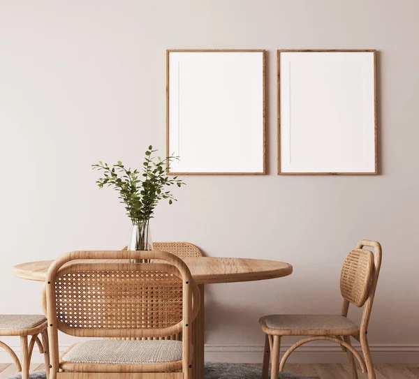 Frame Mockup Scandinavian Wooden Dining Room Minimal Bright Design Beige — Stok fotoğraf