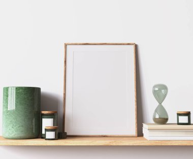 Modern poster çerçeve modeli, beyaz iç plan üzerinde minimal oda tasarımı, ahşap çerçeve maketi, 3d oluşturma