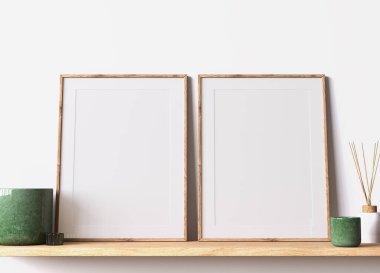 Modern poster çerçeve modeli, beyaz iç plan üzerinde minimal oda tasarımı, ahşap çerçeve maketi, 3d oluşturma