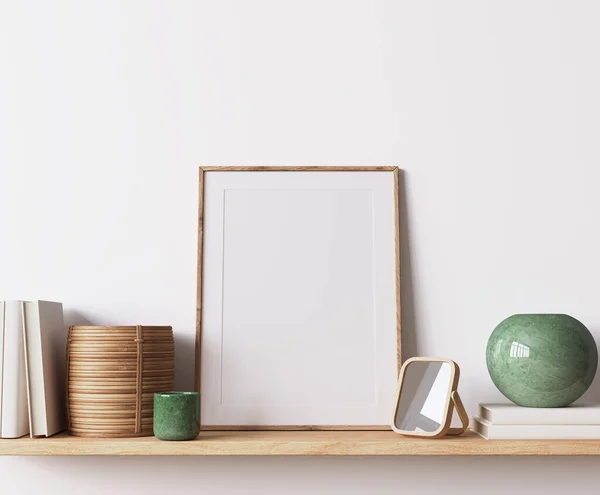 モダンなポスターフレームモックアップ 白のインテリアの背景に最小限の部屋のデザイン 木製フレームモックアップ 3Dレンダリング — ストック写真