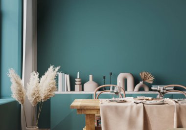 İskandinav yemek odası tasarımı, ahşap sandalyeler ve masa ve yeşil iç planda kurutulmuş bitkiler, 3D
