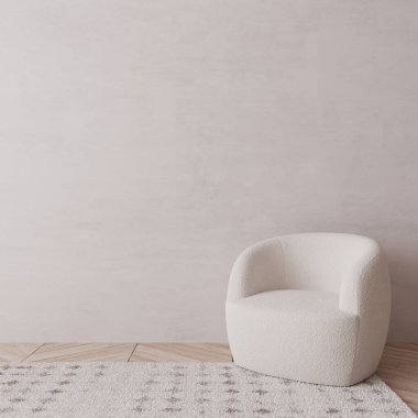Parlak bej duvar zemininde modern beyaz koltuk, minimal iç boşluk, 3d oluşturma