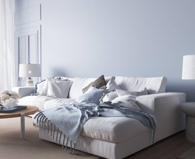 Modern parlak oturma odası kostüm tarzı, beyaz kanepe ve açık mavi duvar zemininde ahşap mobilya, 3D