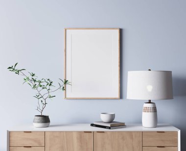 Modern parlak oturma odası kostüm tarzı, beyaz kanepe ve açık mavi duvar zemininde ahşap mobilya, 3D