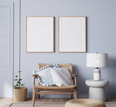 Modern parlak oturma odası kostüm tarzı, beyaz kanepe ve açık mavi duvar zemininde ahşap mobilya, 3D