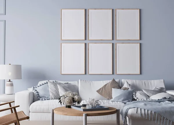 Moderne Lichte Woonkamer Costal Stijl Witte Bank Houten Meubilair Lichtblauwe — Stockfoto