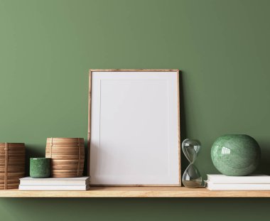 Modern, yeşil arkaplan çerçeve modeli, minimum odada üç ahşap çerçeve, 3D görüntü