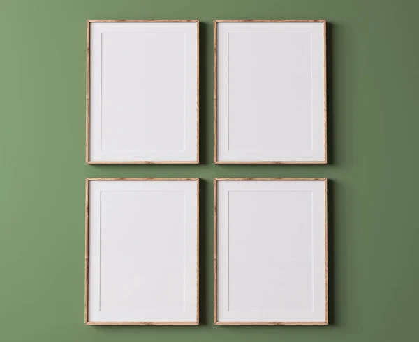 Frame Mokup Moderním Zeleném Pozadí Tři Dřevěné Rámy Minimálním Prostoru — Stock fotografie