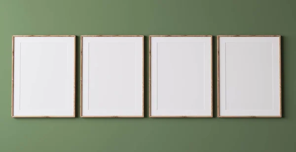 Makieta Ramy Nowoczesnym Zielonym Tle Trzy Drewniane Ramki Minimalnym Pomieszczeniu — Zdjęcie stockowe