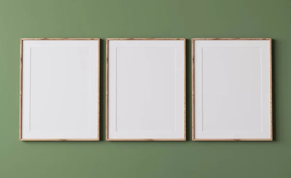 Moldura Mockup Moderno Fundo Verde Três Quadros Madeira Quarto Mínimo — Fotografia de Stock