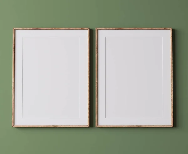 Frame Mokup Moderním Zeleném Pozadí Tři Dřevěné Rámy Minimálním Prostoru — Stock fotografie