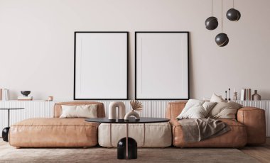 Modern oturma odası tasarımında çerçeve modeli, siyah ev aksesuarları beyaz minimal arka planda olan kahverengi deri kanepe, 3D çizim.