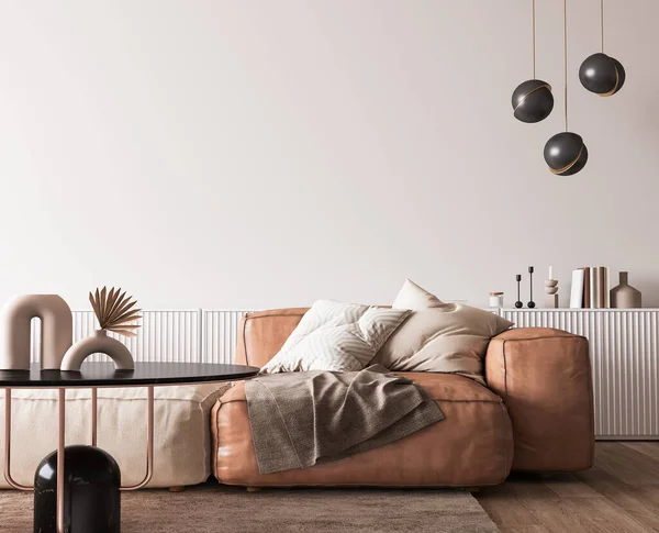 Wandattrappe Modernen Wohnzimmerdesign Braunes Ledersofa Mit Schwarzen Wohnaccessoires Auf Weißem — Stockfoto