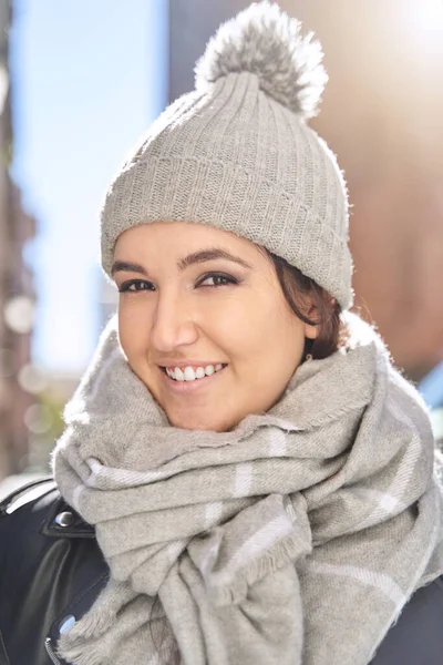 Merry young female in knitted hat — Stock Photo, Image