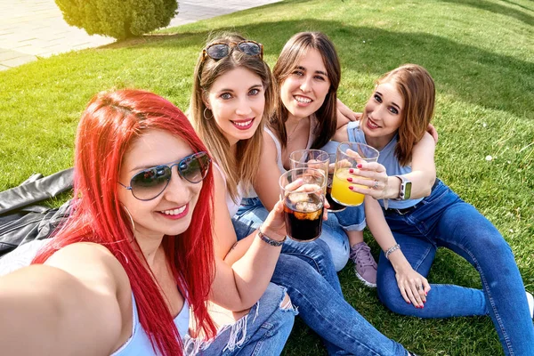 Four friends taking a selfie sitting on the grass in a park while drinking and having fun on a summer day. — Foto de Stock