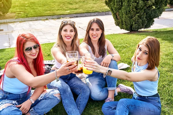 Four friends sitting on the grass, having drinks and toasting while looking at the camera on a sunny day. — Foto de Stock