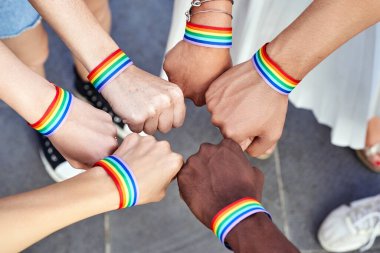 LGBT gökkuşağı bileklikleriyle el ele veren çok ırklı bir grup insan. Çeşitlilik, gurur, eşitlik ve birlik kavramı.
