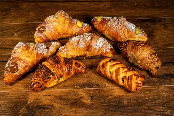 Sweet Croissants Mixed Creams Wooden Surface — Stock Photo, Image