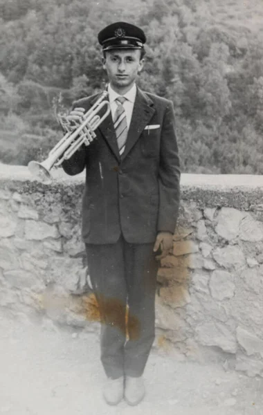 Terni Itália Junho 1960 Retrato Uma Militar Com Trompete Década — Fotografia de Stock