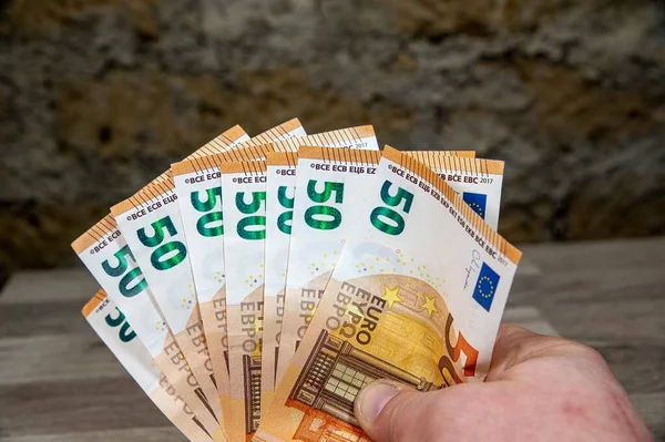Mão Homem Com Notas Euro Forma Leque — Fotografia de Stock