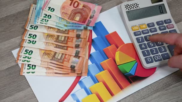 Grafik dengan uang kertas euro dan kalkulator — Stok Video