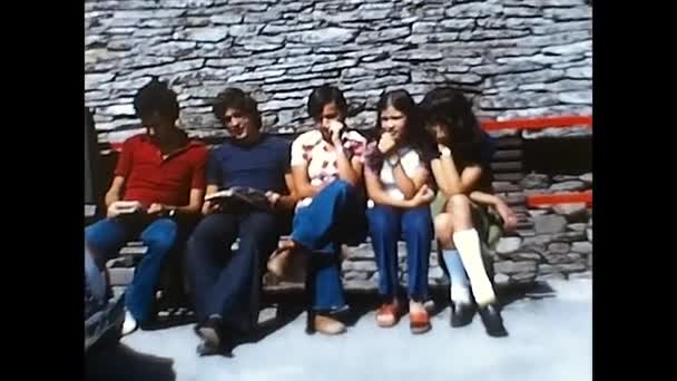 Palermo Italy May 1970 Group Boys Sitting Bench Mountain Village — Stock Video