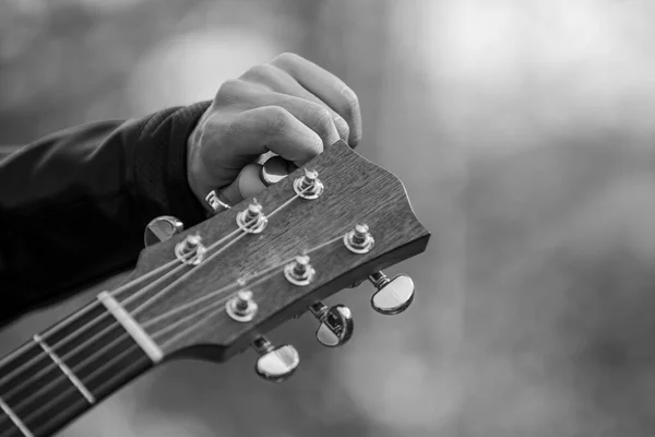 Detalle Cabezal Guitarra Con Mano Afinación Blanco Negro —  Fotos de Stock