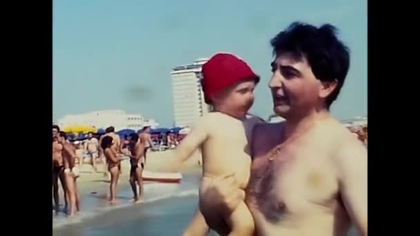 Riccione Italy August 1980 Children People Beach 80S — стоковое видео