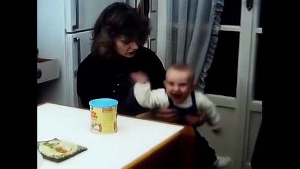 Milan Italy March 1980 Mom Baby While Making Him Eat — Stock videók