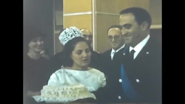 Rome Italy April 1950 Bride Groom Cutting Cake Sword Military — стоковое видео