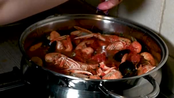 Woman Salad Fish Soup While Cooking Hands — Stok Video