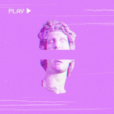 Pembe arka planda Helios alçı başlığı. Modern sanat kavramı, buhar dalgası, siber punk ve retro arıza sanatı.