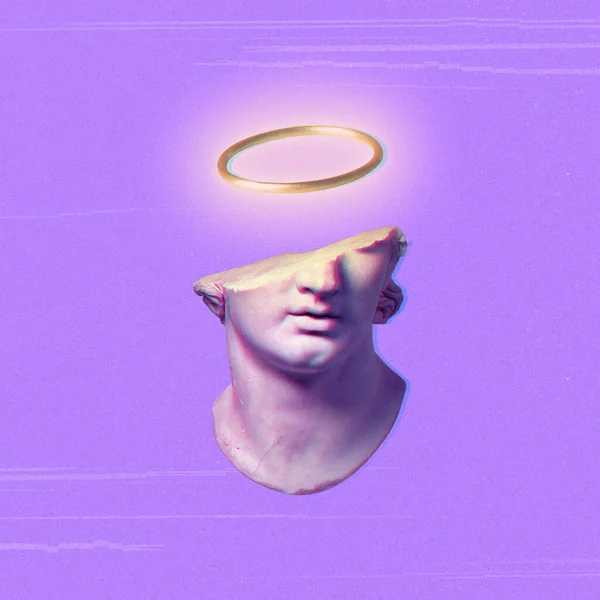 Greek statue with angel halo on purple background. Concept of modern art, vaporwave, cyberpunk and retro glitch art.