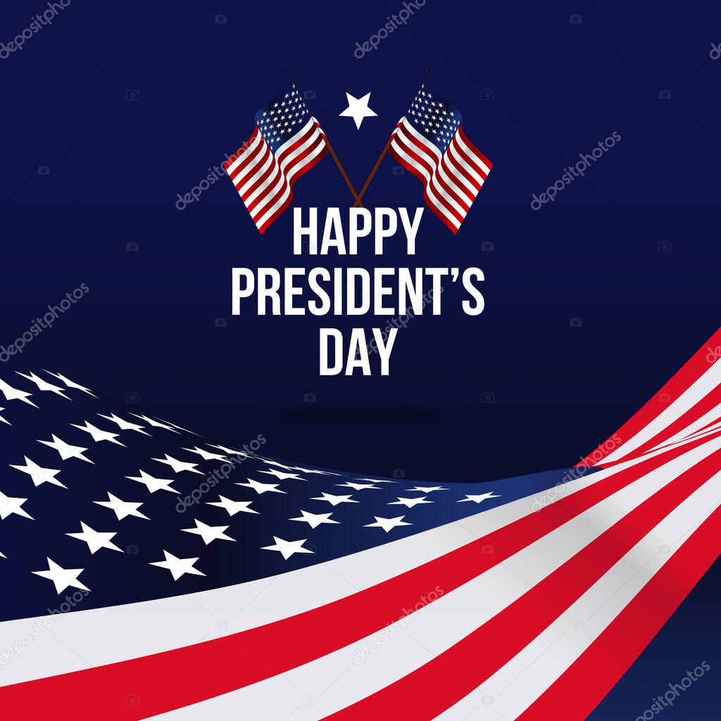 Happy Presidents Day in USA celebrate design with waving United States of America national flag. Vector illustration.