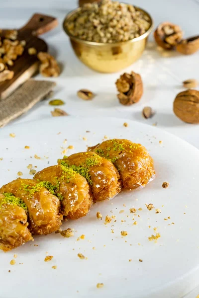 Walnut Baklava White Marble Traditional Middle Eastern Dessert Turkish Antep — Photo