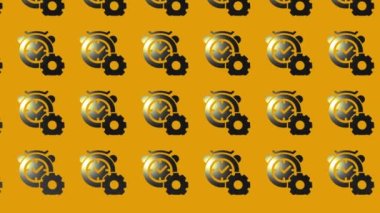 Siyah alarmlı saatin animasyonu ve sarı üzerindeki dişli simgesi, zaman yönetimi konsepti 