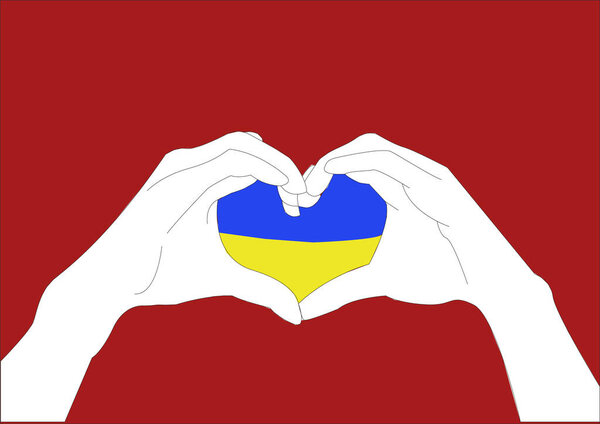 иллюстрация рук, показывающих знак сердца рядом с украинским флагом, изолированным на красном