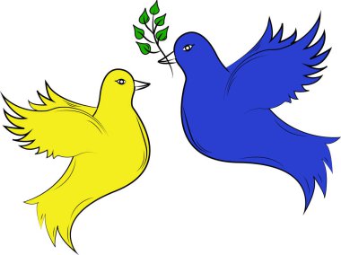 Beyaz üzerine izole edilmiş barışçıl mavi ve sarı güvercinlerin çizimi